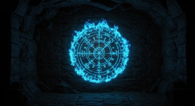 Mystic blue circle radiating arcane energy within an ancient stone chamber creating a magical - Powered by Adobe