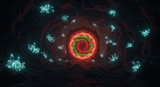 Mystic cave with glowing crystals and a swirling portal radiating energy - Powered by Adobe