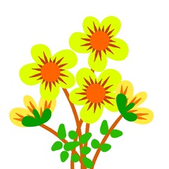 Flat cartoon illustration of orange-yellow flowers with green leaves on white background. Ideal for spring themes, greeting cards, textile design, packaging, and decorative use.