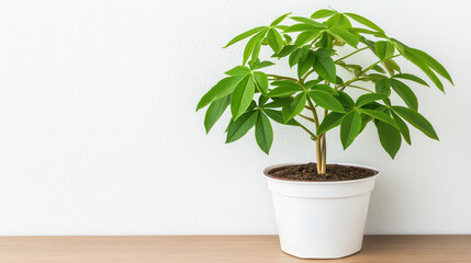 Fototapeta premium Minimalist potted plant with vibrant green leaves sits wooden table against clean white wall, creating fresh and calm