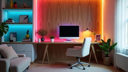 Modern Home Office Desk Setup with Colorful L E D Lighting