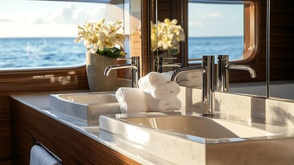 Luxury yacht bathroom sink sleek wood finish chrome faucets ocean views