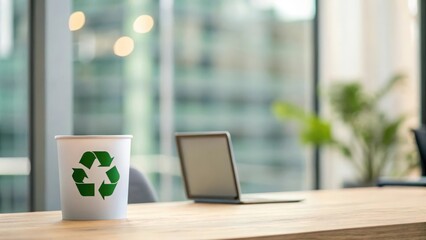 Fototapeta premium Blurred workspace scene with recycling icon symbolizing environmental responsibility in corporate setting 