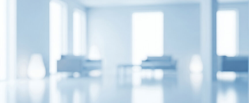 Blurred view of a bright white room with couches and large windows., often used in startup presentations, clean slide decks, or product concept mockups