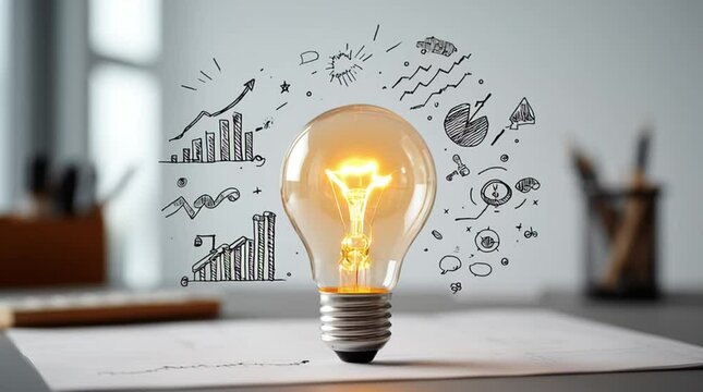 A bright glowing light bulb placed on a desk, surrounded by hand-drawn business icons and financial graphs on a white background. The concept represents innovative ideas and creativity for busines