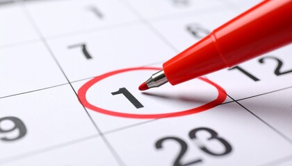 Marking the First on a Calendar with a Red Pen for Planning and Scheduling Deadlines
