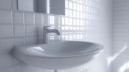 Minimalist all white bathroom sink clean lines geometric tiles pure aesthetic
