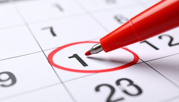 Marking the First on a Calendar with a Red Pen for Planning and Scheduling Deadlines