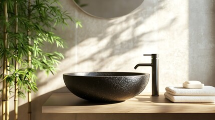 Minimalist bathroom sink black stone bowl peaceful bamboo decor on tile background