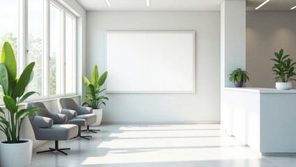 Modern Office Waiting Area Grey Chairs White Walls Large Blank Canvas