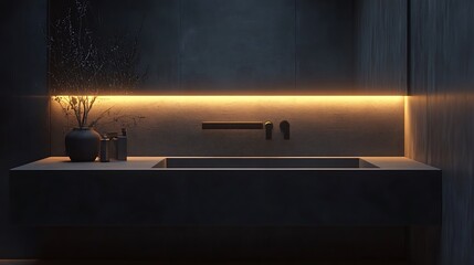 Minimalist floating sink rectangular slate basin illuminated by light