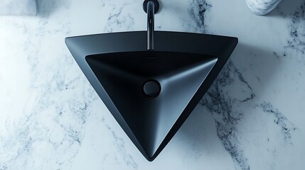 Minimalist triangular sink matte black finish ultra modern aesthetic on marble background