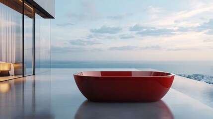 Minimalistic red bathtub with ultra thin edge design on modern pool background