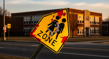 Worn School Zone Sign With A Classic Building In The Background During Golden Hour