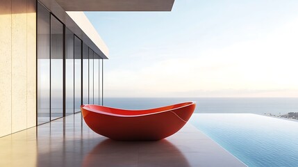 Minimalistic red bathtub with ultra thin edge design on modern pool background