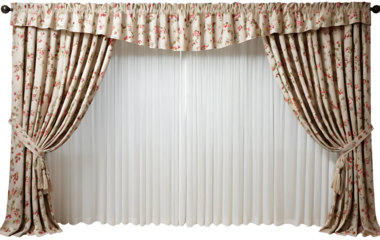 Isolated window curtain with floral design, semi open.
