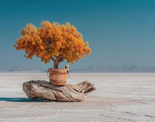 In one photo, an old tree trunk stands in the middle of a vast salt flat, surrounded by water and deciduous trees. Atop the trunk sits a finely crafted wooden barrel.