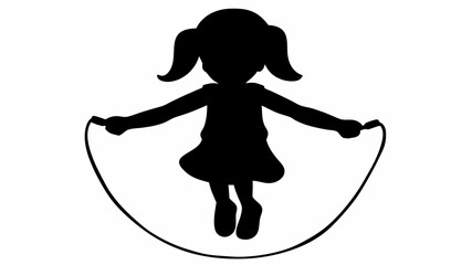 Silhouette of a girl with pigtails jumping rope in a playful and energetic pose on a white background