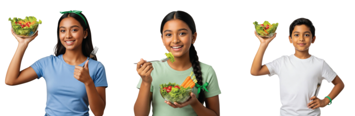 Three cheerful, diverse children, two girls and one boy, enthusiastically holding and eating vibrant, fresh green salads, emphasizing the importance of healthy eating, nutrient-rich meals