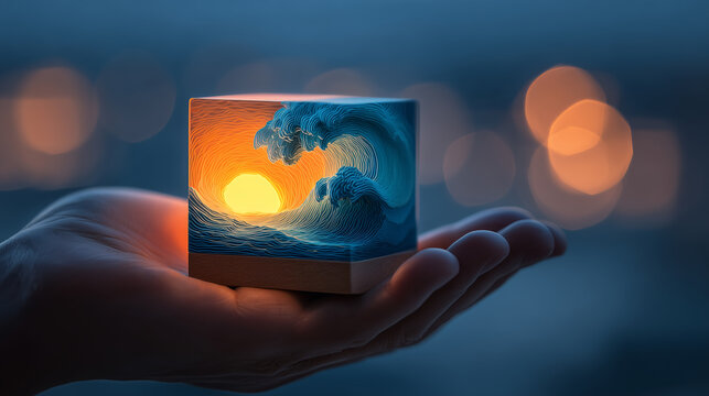 Holding the Ocean Sunset Cube in The Palm of Hand, a Dreamlike Image - Powered by Adobe