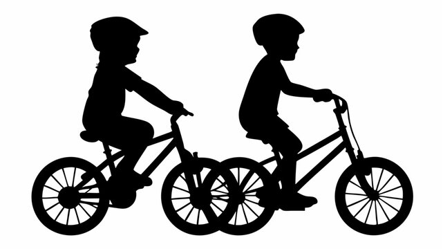Silhouette of two children riding bicycles with helmets on a white background in a simple illustration