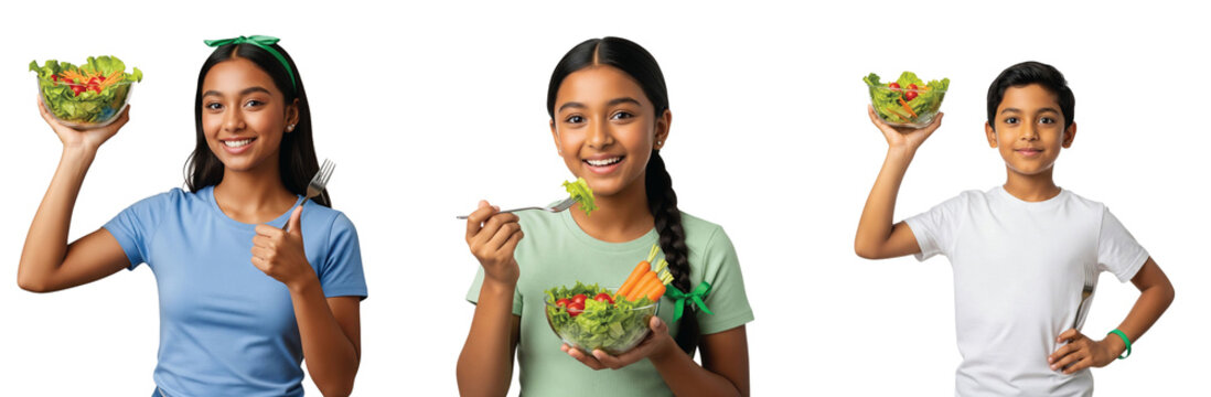 Three cheerful, diverse children, two girls and one boy, enthusiastically holding and eating vibrant, fresh green salads, emphasizing the importance of healthy eating, nutrient-rich meals