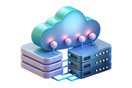 Three tier servers connect to the cloud in this tech illustration depicting computing, network and information technology, transparent background