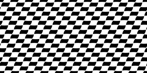 Seamless Black and White Wavy Checkered Pattern. Optical Illusion Vector Background. Bold and dynamic vector texture. Flowing, warped checkerboard for modern backgrounds, textiles, packaging, paper.