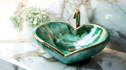 Modern green heart sink with brushed texture and elegant on marble background
