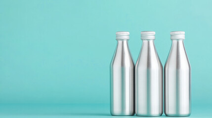 Row of three silver metallic bottles with caps standing against bright turquoise background, creating clean and modern look