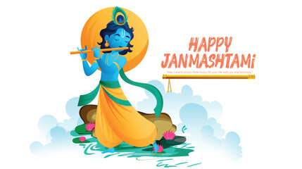 Janmashtami Celebration with Illustration of lord Krishna and baby Krishna and peacock feather Traditional Elements
