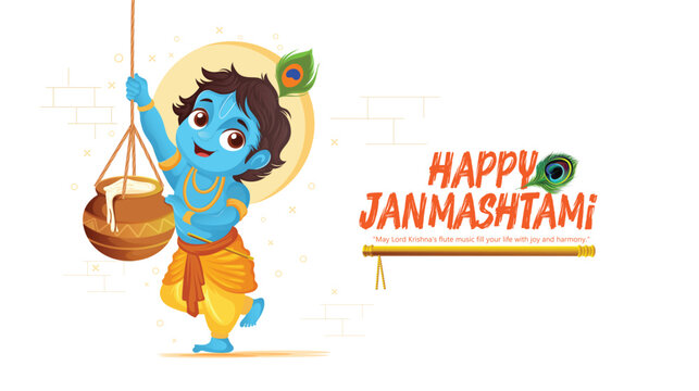 Janmashtami Celebration with Illustration of lord Krishna and baby Krishna and peacock feather Traditional Elements
