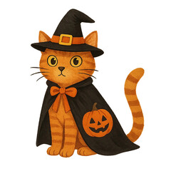Halloween Cat in Costume: An adorable orange cat dons a witch's hat and cape, ready for the spookiest night of the year. With wide, innocent eyes.