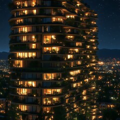 Illuminated residential high-rise building at night.