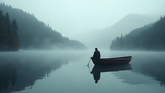 A lone figure sitting at the front of an old wooden boat