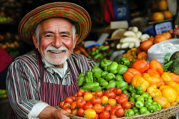Joyful Farmer Displaying Vibrant Peppers and Tomatoes at Market