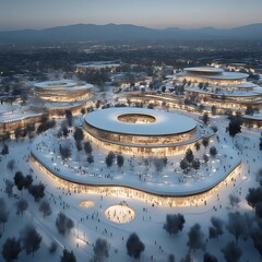 Aerial view of a modern architectural complex covered in snow.