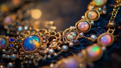 Opulent Opal Necklace: Golden Filigree, Iridescent Gems, and Pearl Accents - Powered by Adobe