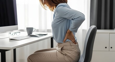 Woman Experiencing Lower Back Pain While Working at Her Desk