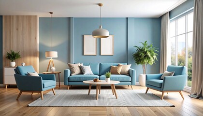 Fototapeta premium Serene Blue Living Room Interior Design Modern Comfort and Style