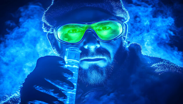 Cryogenic Researcher in Blue Haze with Glowing Goggles