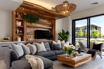 Cozy modern living room interior with cushions high resolution image