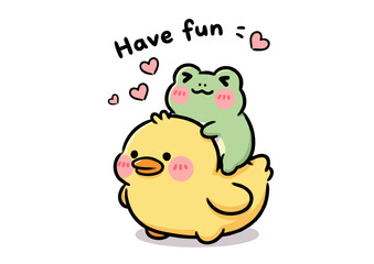 Cute Cartoon Frog Riding on a Yellow Chick.