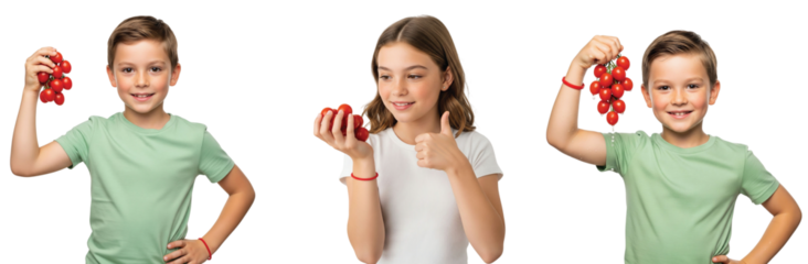 Three cheerful, diverse children, two boys and one girl, happily holding bunches of fresh, vibrant cherry tomatoes, promoting the benefits of healthy vegetables and superfoods as part of a balanced