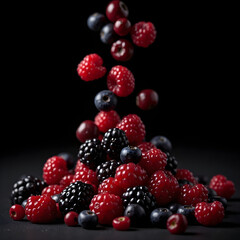 Mixed berries falling on a dark surface