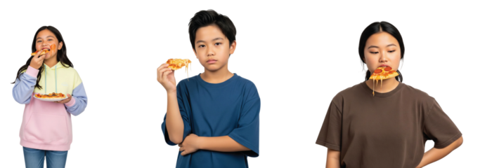 Three diverse children, two girls and one boy, looking unenthusiastic and bored while holding and eating greasy fast food pizza slices, highlighting common childhood aversion to bland