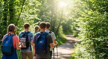 Hikers walking on forest path with backpacks