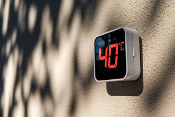 Digital termometer showing 40 degrees fahrenheit temperature on wall in hot summer