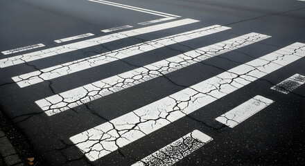 Worn Zebra Crossing On Asphalt Road In Urban Environment For Pedestrian Safety