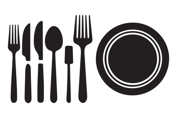 Dish, fork, knife and plate icon set, cutlery vector icon set vector illustration on white background
